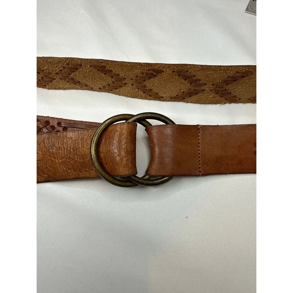 Abercrombie Brown Woven Leather Belt Double O-Ring Buckle L/XL Boho Vintage